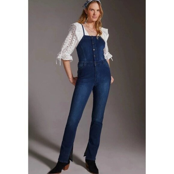 Anthropologie Pilcro Split Denim Overalls Size‎ 27 Buttons Pull On - Picture 1 of 16